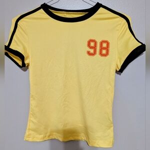 SHEIN Yellow Ringer Tee – XS – “98” Graphic